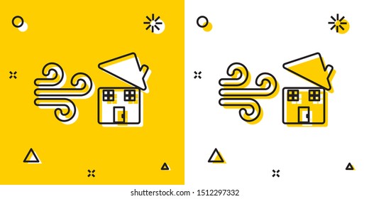 Black Tornado swirl damages house roof icon isolated on yellow and white background. Cyclone, whirlwind, storm funnel, hurricane wind icon. Random dynamic shapes. Vector Illustration