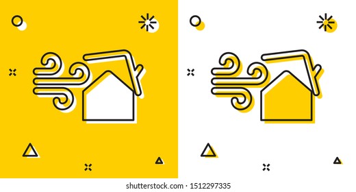 Black Tornado swirl damages house roof icon isolated on yellow and white background. Cyclone, whirlwind, storm funnel, hurricane wind icon. Random dynamic shapes. Vector Illustration