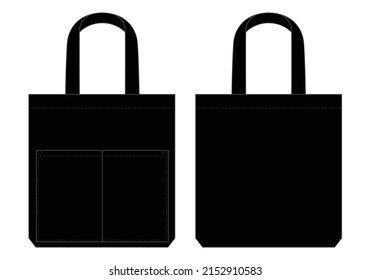 Black tote bag with double pocket template on white background.
Front and back view, vector file