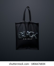 Black tote bag with Black Friday sign. Vector 3d illustration. Reusable textile handbag. Realistic canvas shopping bag. Sale or discount banner element design