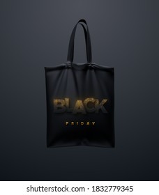 Black tote bag with Black Friday sign. Vector 3d illustration. Black paper cut label with golden glitters. Textile handbag. Realistic canvas shopping bag. Sale or discount banner element design