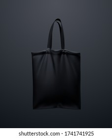 Black tote bag mockup. Vector 3d illustration. Reusable textile handbag design. Realistic canvas shopping bag. Eco concept