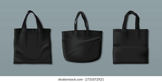 Schwarze Tasche Mockups einzeln auf Hintergrund. Vektorrealistische Illustration von wiederverwendbaren Baumwolle Öko-Shopper von unterschiedlicher Form mit Stoffgriffe, Stoff Lebensmittelverpackung, Mode-Accessoire
