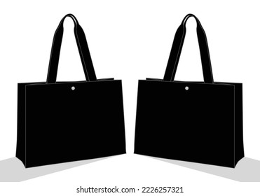 Black tote bag with snap button template on white background, vector file