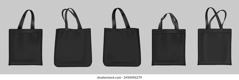 Black tote bags set isolated on transparent background. Vector realistic illustration of fabric shopper mockup with blank space for corporate branding, cotton ecobag for shopping, fashion accessory