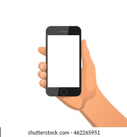 Black touch screen mobile original design phone with blank. Man's hand holding the smartphone vector illustration. Isolated on white background