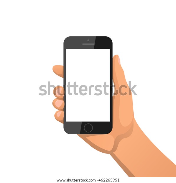 黒いタッチスクリーンの携帯電話 空白のオリジナルデザインの電話 スマートフォンのベクター画像イラストを持つ男性の手 白い背景に分離型 のベクター画像素材 ロイヤリティフリー