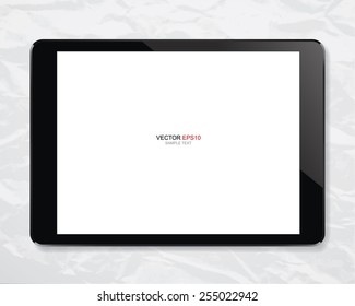 Black touch screen tablet with blank screen area for copy space on crumpled texture paper background. Vector illustration.