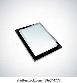 Black Touch Screen Tablet in IPad with Paper Layer on White Background