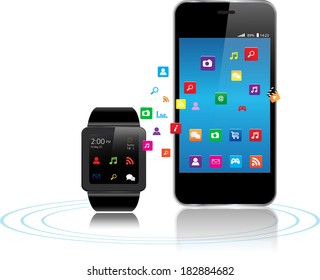 Black Touchscreen Smart watch with colorful Application Icons sharing