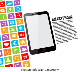Black touchscreen smartphone with blank screen and colorful app icons