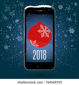 Black touchscreen smartphone with a picture of the Christmas ball. Christmas application. New Year. Vector Image. Snow background of snowflakes and snow flakes