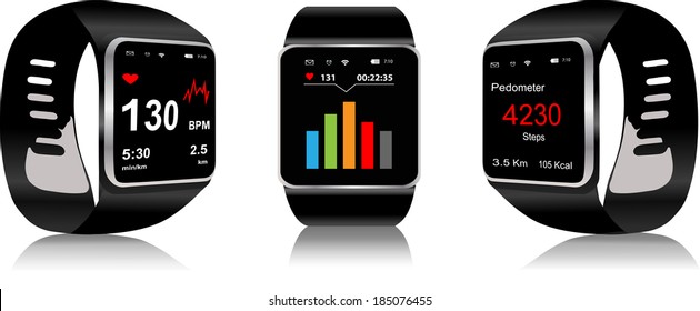 Black Touchscreen Smartwatch with health app icon  on display