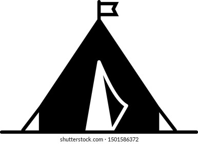 Black Tourist tent with flag icon isolated on white background. Camping symbol.  Vector Illustration