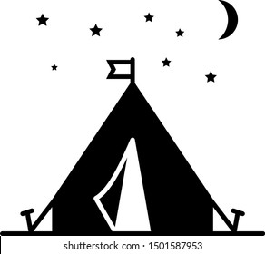 Black Tourist tent with flag icon isolated on white background. Camping symbol.  Vector Illustration