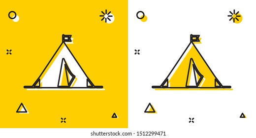 Black Tourist tent with flag icon isolated on yellow and white background. Camping symbol. Random dynamic shapes. Vector Illustration
