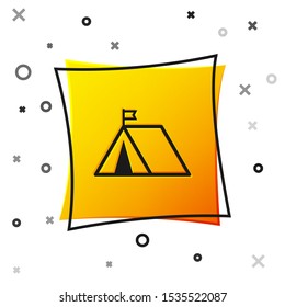 Black Tourist tent with flag icon isolated on white background. Camping symbol. Yellow square button. Vector Illustration
