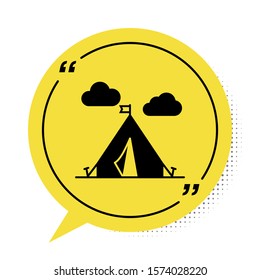 Black Tourist tent with flag icon isolated on white background. Camping symbol. Yellow speech bubble symbol. Vector Illustration