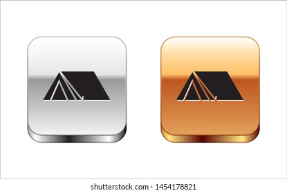 Black Tourist tent icon isolated on white background. Camping symbol. Silver-gold square button. Vector Illustration