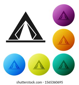 Black Tourist tent icon isolated on white background. Camping symbol. Set icons colorful circle buttons. Vector Illustration