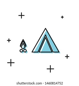 Black Tourist tent with wood fire icon isolated on white background. Camping symbol.  Vector Illustration