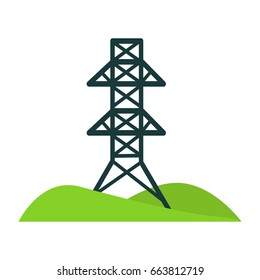 Black tower for wires on piece of land with hills