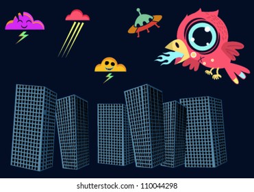 Black town and crazy red bird