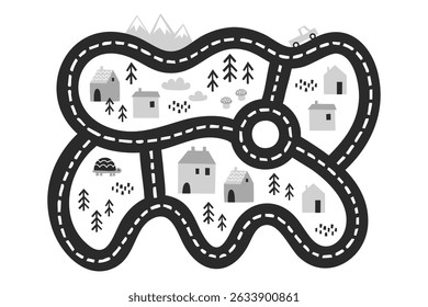 black toy road map with winding streets, roundabout, houses, forest trees, mountains, turtle and clouds in flat playful style on white background, concept of kids play, toy packaging, early education