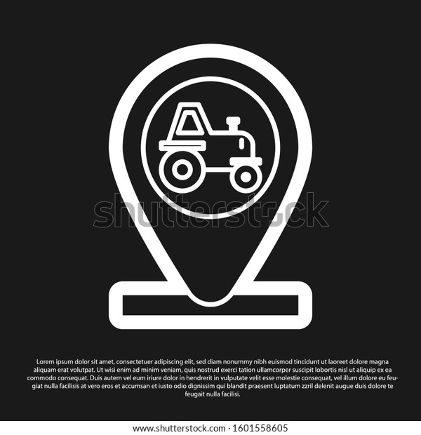 Black Tractor and location icon isolated on\
black background.  Vector\
Illustration