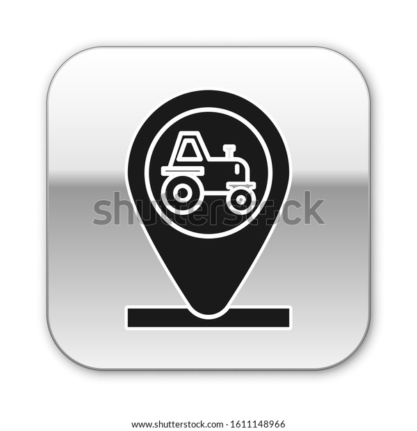 Black Tractor and\
location icon isolated on white background. Silver square button.\
Vector Illustration