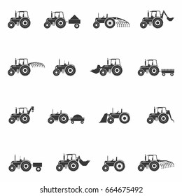 Black tractors icons set, vector illustration. Collection of vehicles for different purposes with different equipment.
