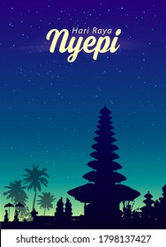 Black traditional balinese temple silhouette on night sky background. Nyepi greetings poster template. Vector illustration