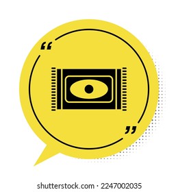 Black Traditional carpet culture ramadan arabic islamic celebration icon isolated on white background. Yellow speech bubble symbol. Vector Illustration