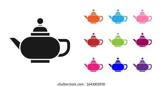 Black Traditional Chinese tea ceremony icon isolated on white background. Teapot with cup. Set icons colorful. Vector Illustration