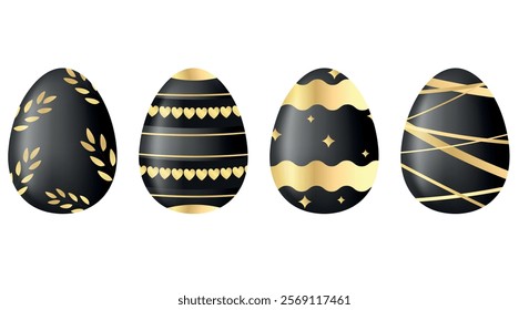 Black traditional luxury ornate Easter eggs. Easter seasonal spring holiday. Beautiful gold eggs with different patterns. Egg hunt game.