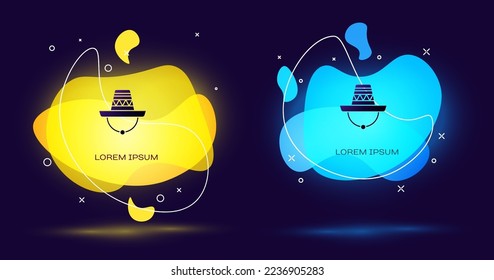 Black Traditional mexican sombrero hat icon isolated on black background. Abstract banner with liquid shapes. Vector