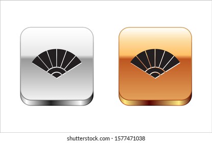 Black Traditional paper chinese or japanese folding fan icon isolated on white background. Silver-gold square button. Vector Illustration