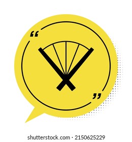 Black Traditional paper chinese or japanese folding fan icon isolated on white background. Yellow speech bubble symbol. Vector