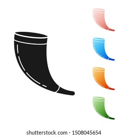 Black Traditional ram horn, shofar icon isolated on white background. Rosh hashanah, jewish New Year holiday traditional symbol. Set icons colorful. Vector Illustration