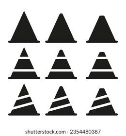 Black traffic cone icons set. Vector illustration. EPS 10.