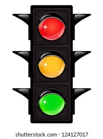 Black traffic light with reflections on a white background