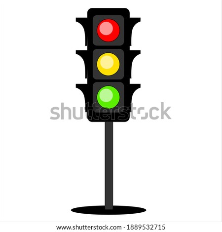 
Black traffic light with three colors - red, orange and green.