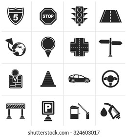 Black Traffic, road and travel icons - vector icon set