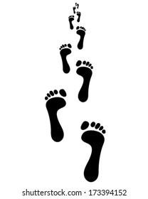 Black trail of human bare footsteps, vector