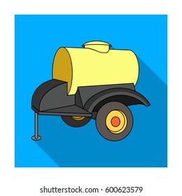 Black trailer on wheels with yellow barrel. Agricultural machinery for watering plants.Agricultural Machinery single icon in flat style vector symbol stock illustration.