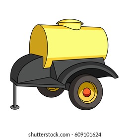 Black trailer on wheels with yellow barrel. Agricultural machinery for watering plants.Agricultural Machinery single icon in cartoon style vector symbol stock illustration.