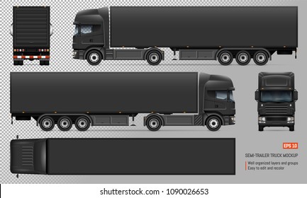 Black Trailer Truck Vector Mockup. Isolated Template Of Big Lorry On Transparent Background For Vehicle Branding, Corporate Identity. View From Left, Right, Front, Back, Top Sides