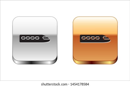 Black Train icon isolated on white background. Public transportation symbol. Subway train transport. Metro underground. Silver-gold square button. Vector Illustration