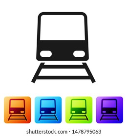 Black Train icon isolated on white background. Public transportation symbol. Subway train transport. Metro underground. Set icons in color square buttons. Vector Illustration
