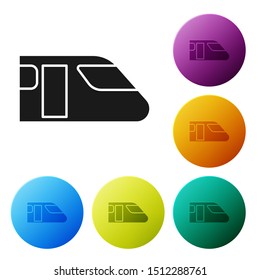 Black Train icon isolated on white background. Public transportation symbol. Subway train transport. Metro underground. Set icons colorful circle buttons. Vector Illustration